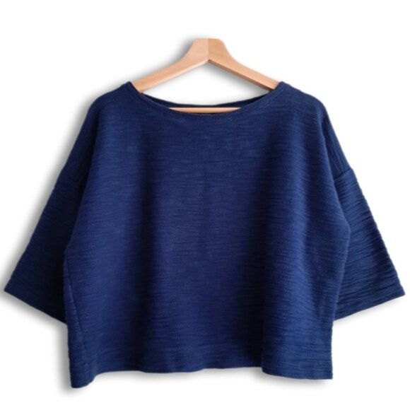 LOLE Mabley Boxy Sweatshirt Split Back Crewneck Textured Top Navy Blue Sz M - Picture 3 of 13